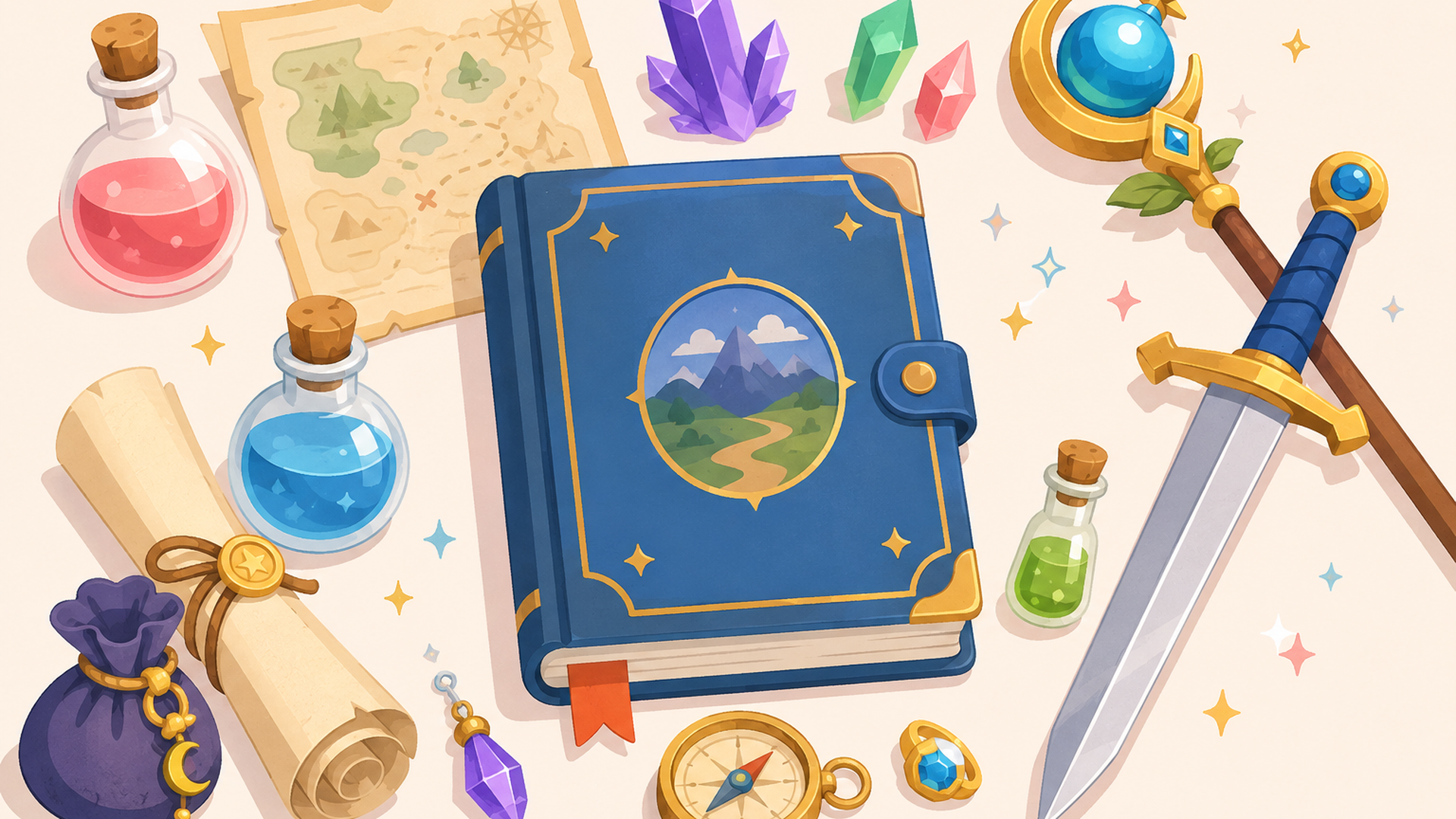 冒険ノートと剣と魔法の小物が並ぶファンタジー作品の基本情報