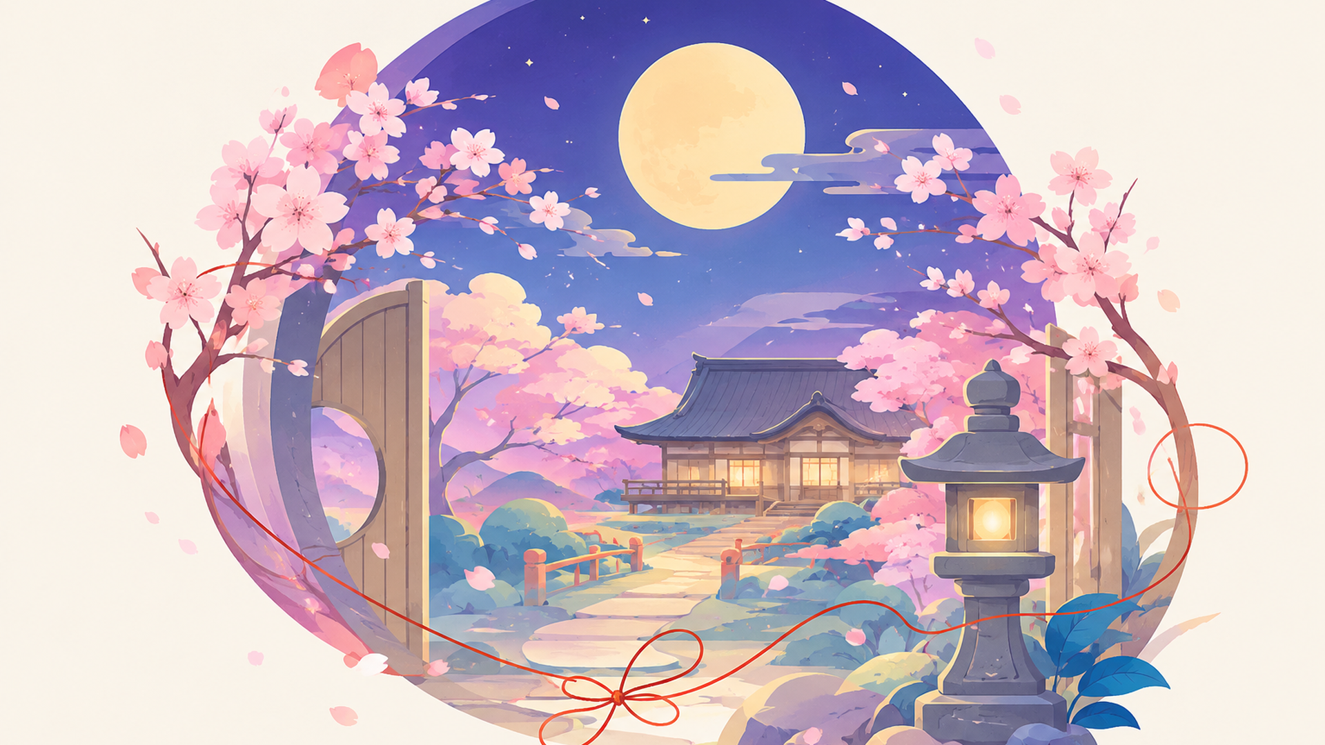 月・桜・和風屋敷・灯籠・赤い糸で和風ファンタジーの入口を表現
