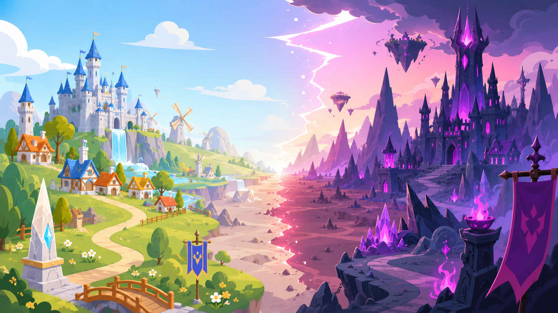 剣と魔法の世界で人間の村と魔族の領域が向かい合う風景