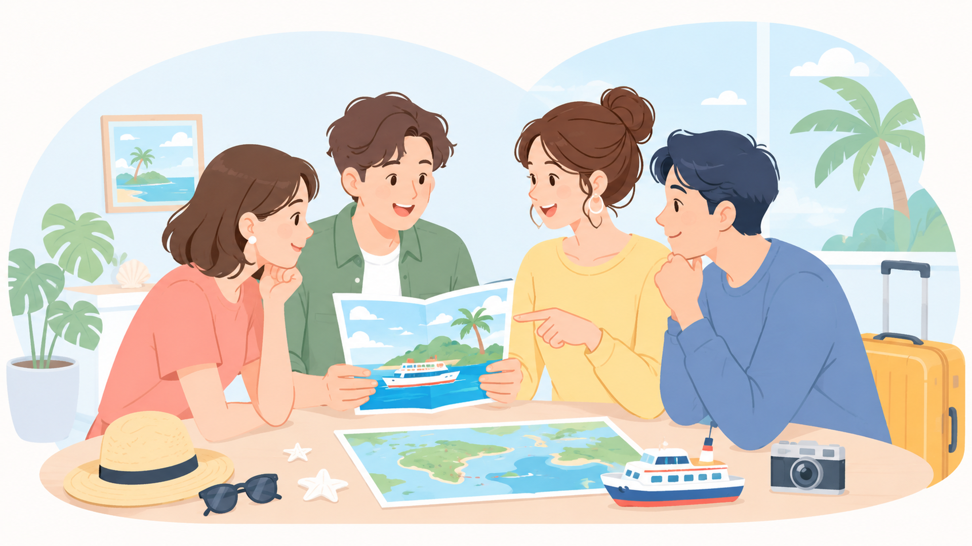 特別な島への招待チラシと船旅の計画を確認する人々