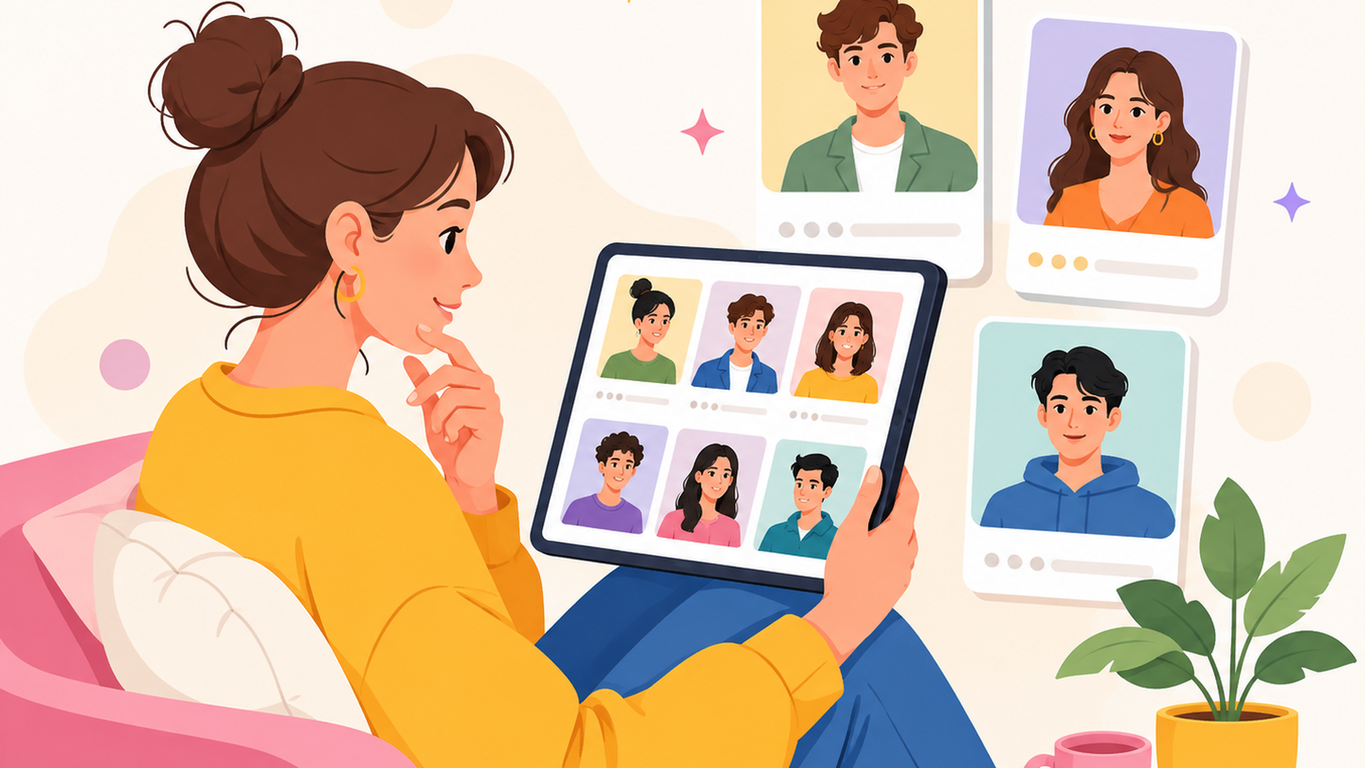 キャスト情報を確認している人物のイラスト
