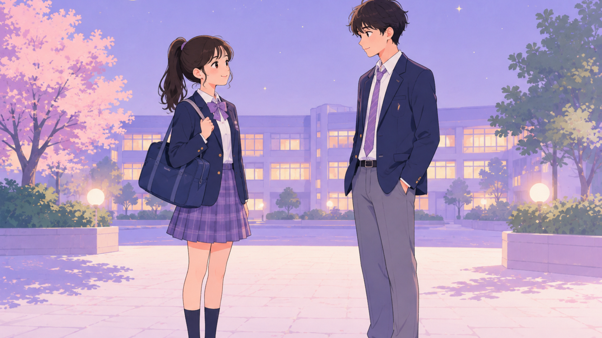 月明かりの高校の中庭で少し距離を置いて向かい合う上品で凛としたオリジナル男女高校生