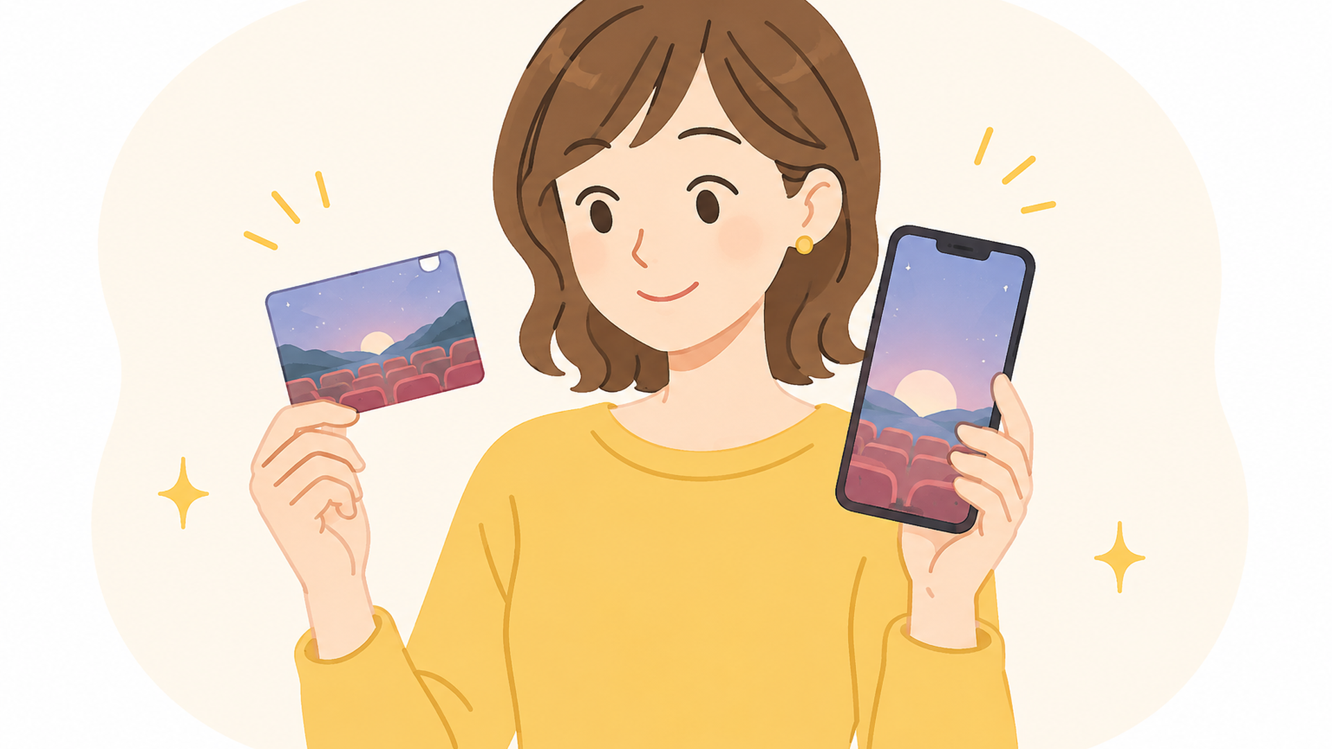 ムビチケカードとスマートフォンのデジタル前売券を見比べる人