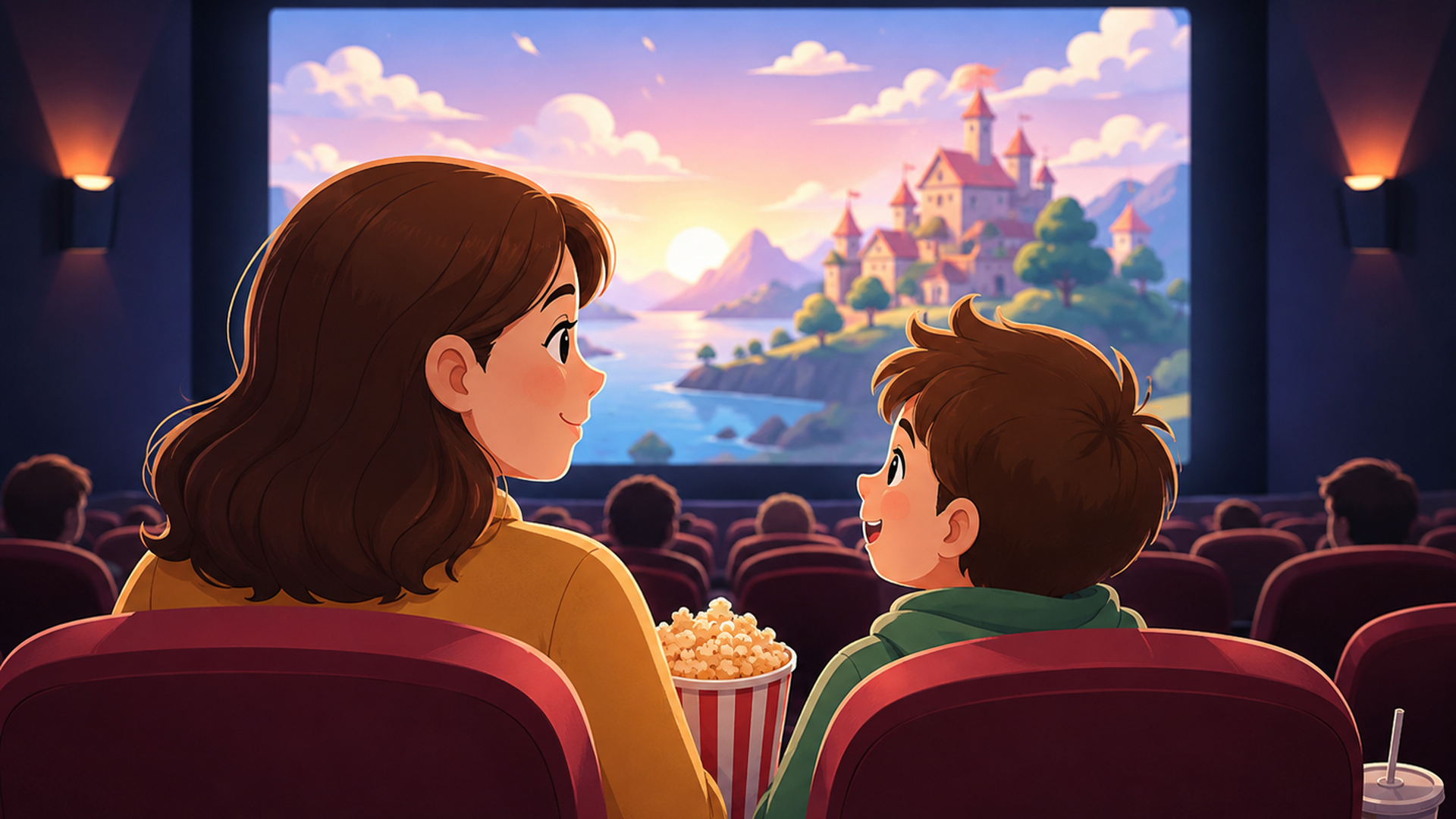 暗い映画館で保護者と一緒にスクリーンを見る子ども