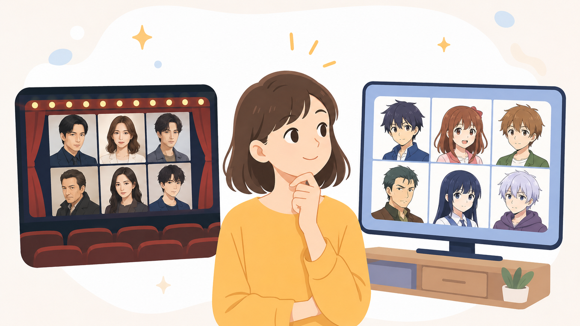 実写映画とテレビアニメのキャスト表を映画館スクリーン風アイコンとテレビ風アイコンで見比べる人物