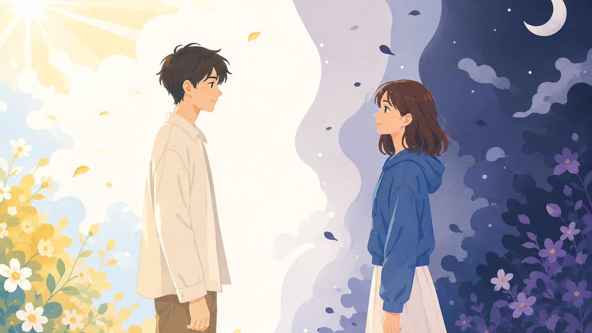 生と死を象徴する光と影の中で向き合う大学生男女