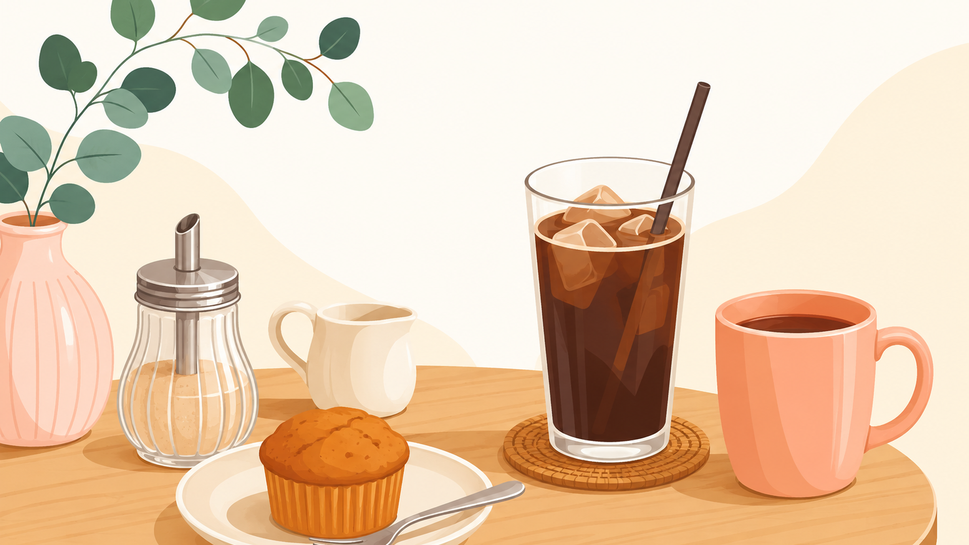一般的なカフェ小物と無地ドリンクが並ぶテーブル