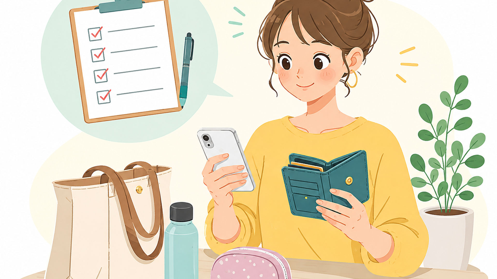 買い物前のチェックリストと財布やスマホなどの持ち物を確認する場面
